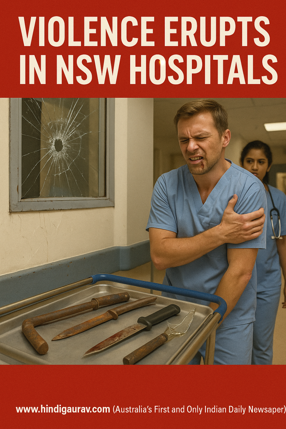 ऑस्ट्रेलिया के अस्पतालों में हंगामा: टूटी खिड़कियाँ, घायल कर्मचारी, बरामद हथियार