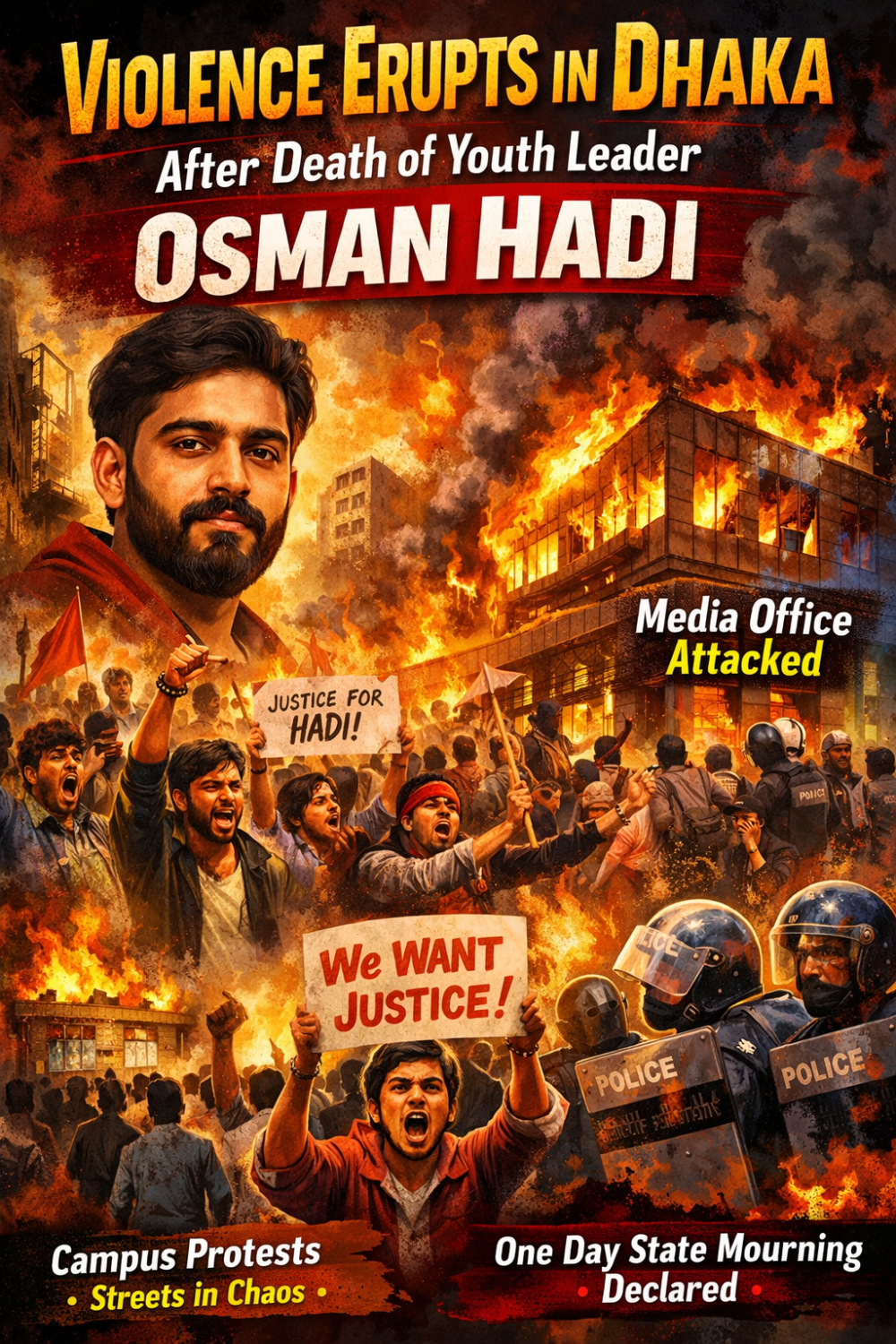 उस्मान हादी की मौत के बाद ढाका में हिंसा, हालात तनावपूर्ण