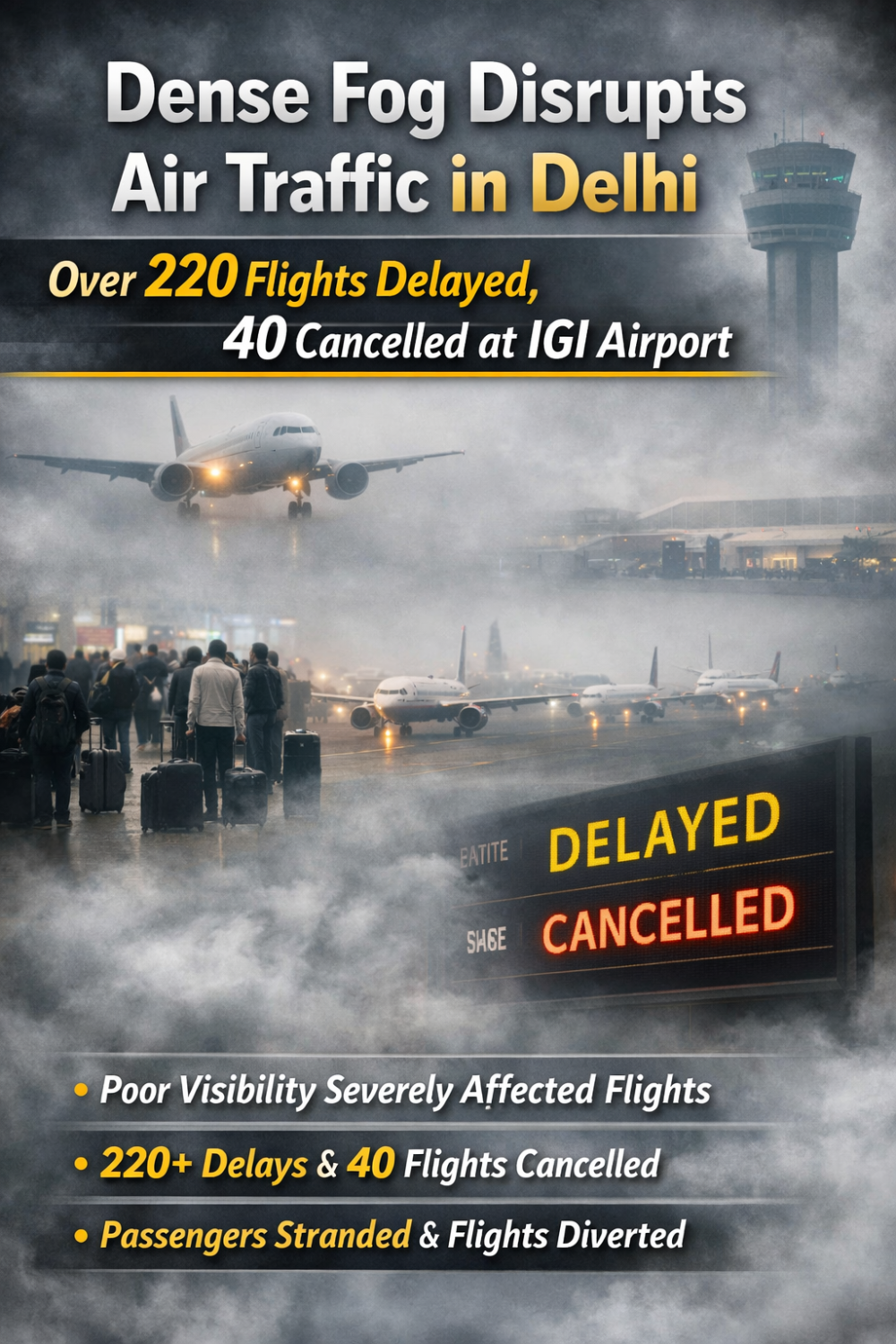 दिल्ली में कोहरे का कहर: IGI एयरपोर्ट पर 220 उड़ानें लेट, 40 रद्द, यात्रियों की बढ़ी मुश्किलें