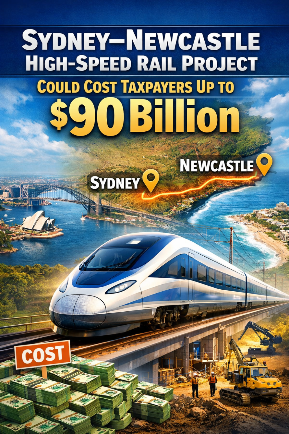सिडनी–न्यूकैसल हाई-स्पीड रेल परियोजना की लागत 90 अरब डॉलर तक पहुंचने का अनुमान