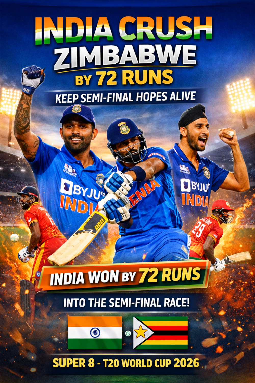 भारत की 72 रन से धमाकेदार जीत, सेमीफाइनल की उम्मीदें कायम