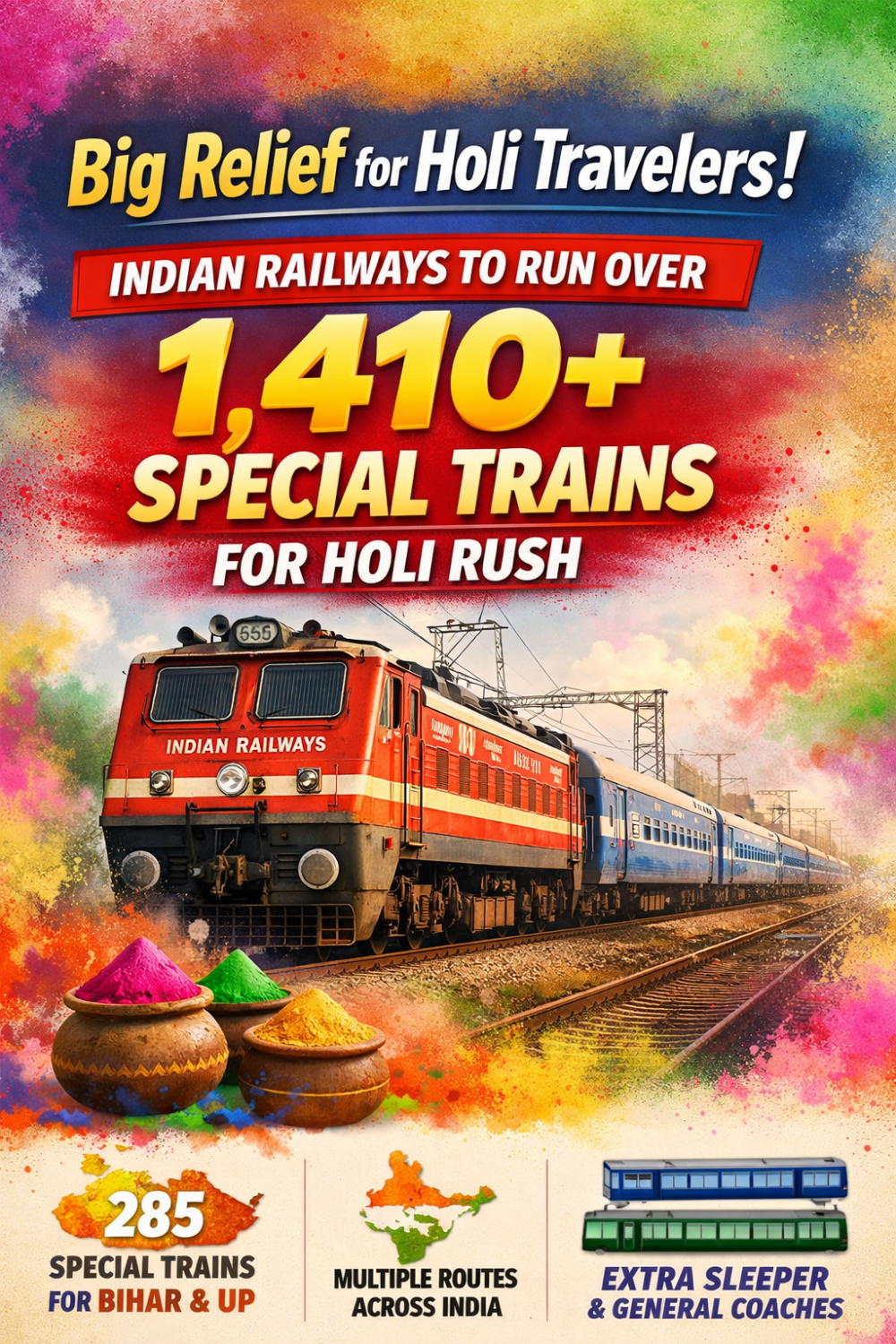 होली पर यात्रियों को बड़ी राहत, रेलवे चलाएगा 1410 से अधिक स्पेशल ट्रेनें