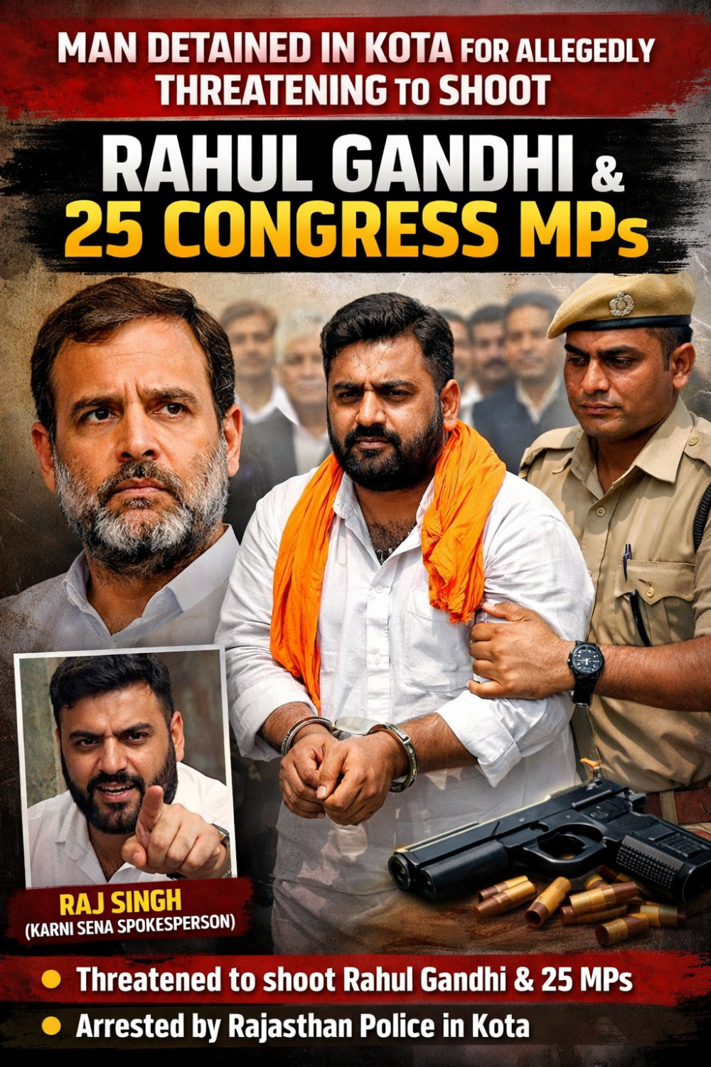 राहुल गांधी समेत 25 कांग्रेस सांसदों को जान से मारने की धमकी, आरोपी कोटा से हिरासत में