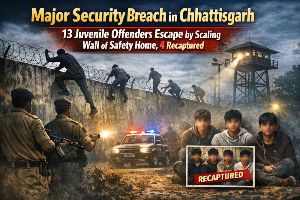 छत्तीसगढ़ में बड़ी सुरक्षा चूक: प्लेस ऑफ सेफ्टी की दीवार फांदकर 13 अपचारी किशोर फरार, 4 पकड़े गए