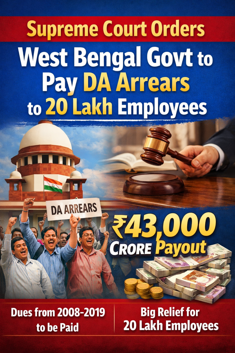 पश्चिम बंगाल के 20 लाख कर्मचारियों को बड़ी राहत, सुप्रीम कोर्ट ने बकाया महंगाई भत्ता देने का दिया आदेश