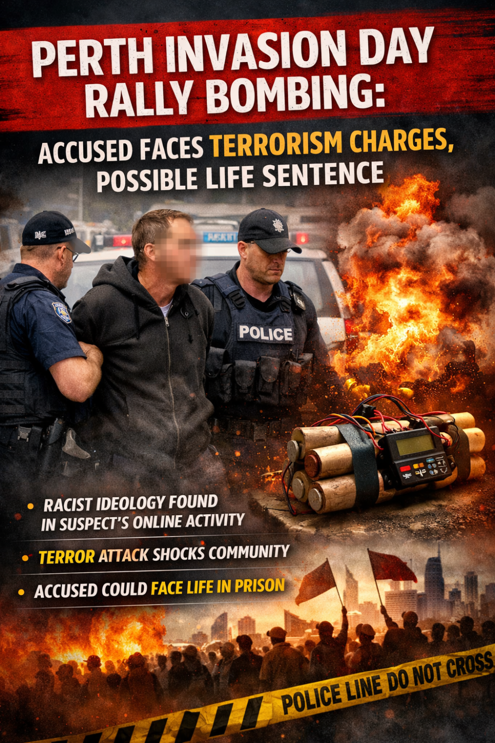 पर्थ की इनवेज़न डे रैली पर बम हमला करने का आरोपी आतंकवाद के आरोप में गिरफ्तार, उम्रकैद की आशंका