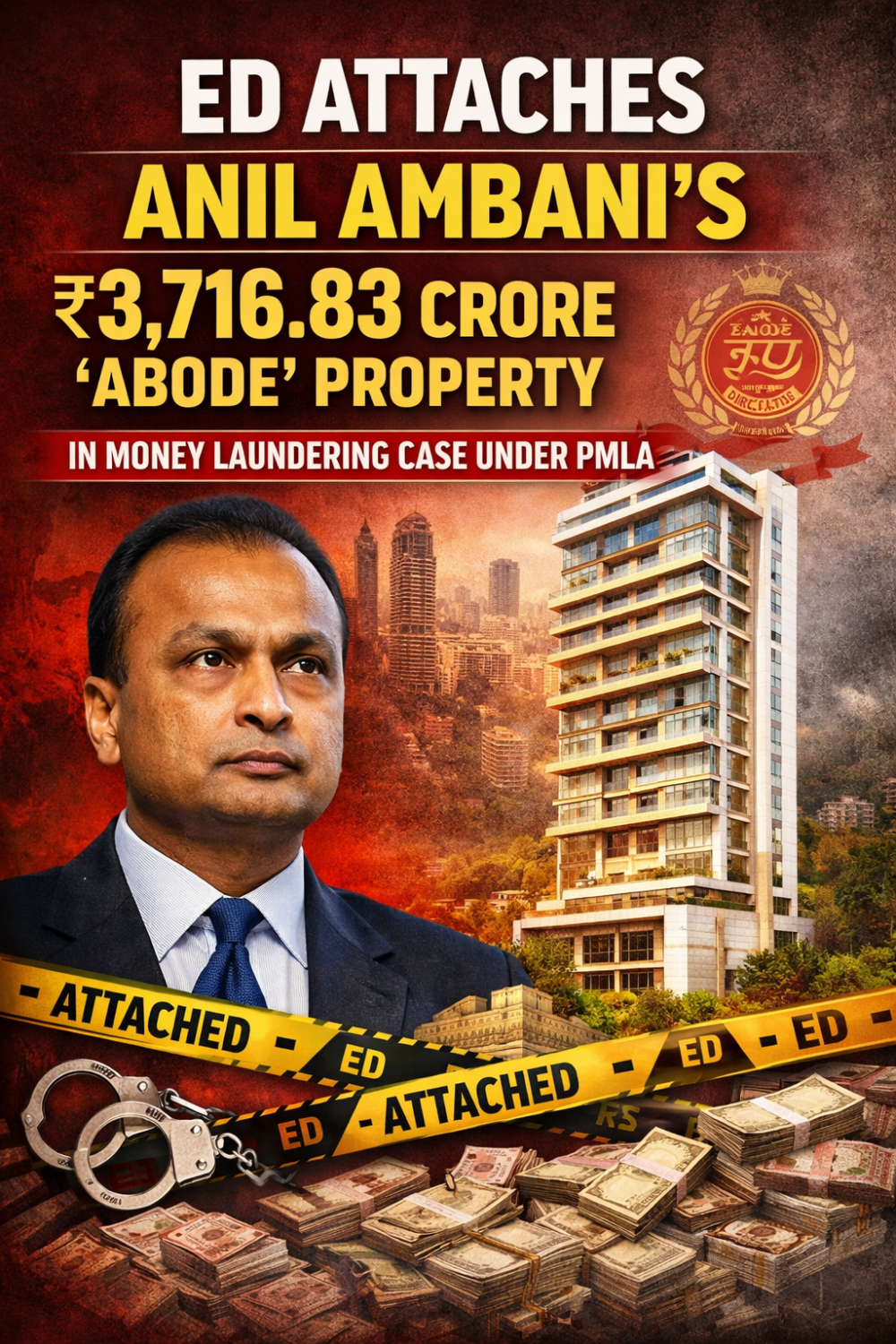 अनिल अंबानी पर ईडी का शिकंजा: 3,716.83 करोड़ रुपये की ‘अबोड’ संपत्ति अटैच, PMLA के तहत कार्रवाई