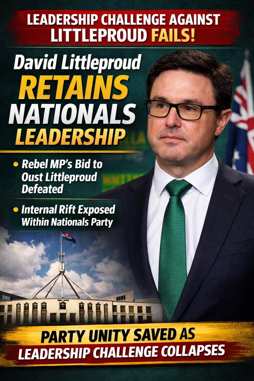 नेशनल्स पार्टी में नेतृत्व परिवर्तन की कोशिश नाकाम, डेविड लिटिलप्राउड पद पर बरकरार