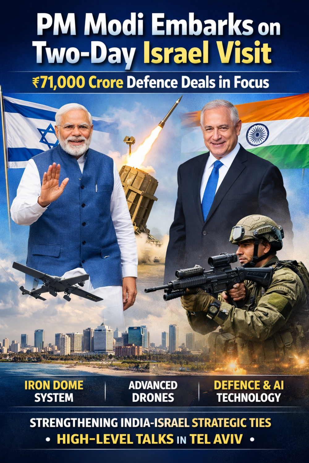 दो दिवसीय इस्राइल दौरे पर रवाना हुए प्रधानमंत्री मोदी, 71 हजार करोड़ के रक्षा सौदों पर टिकीं निगाहें