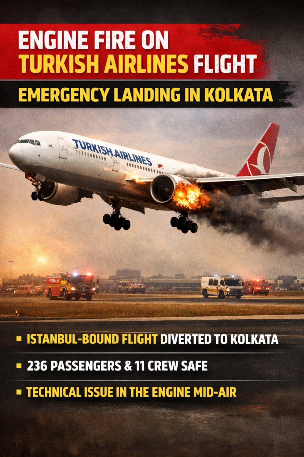 इस्तांबुल जा रही तुर्किश एयरलाइंस की उड़ान में तकनीकी खराबी, कोलकाता में कराई गई आपात लैंडिंग