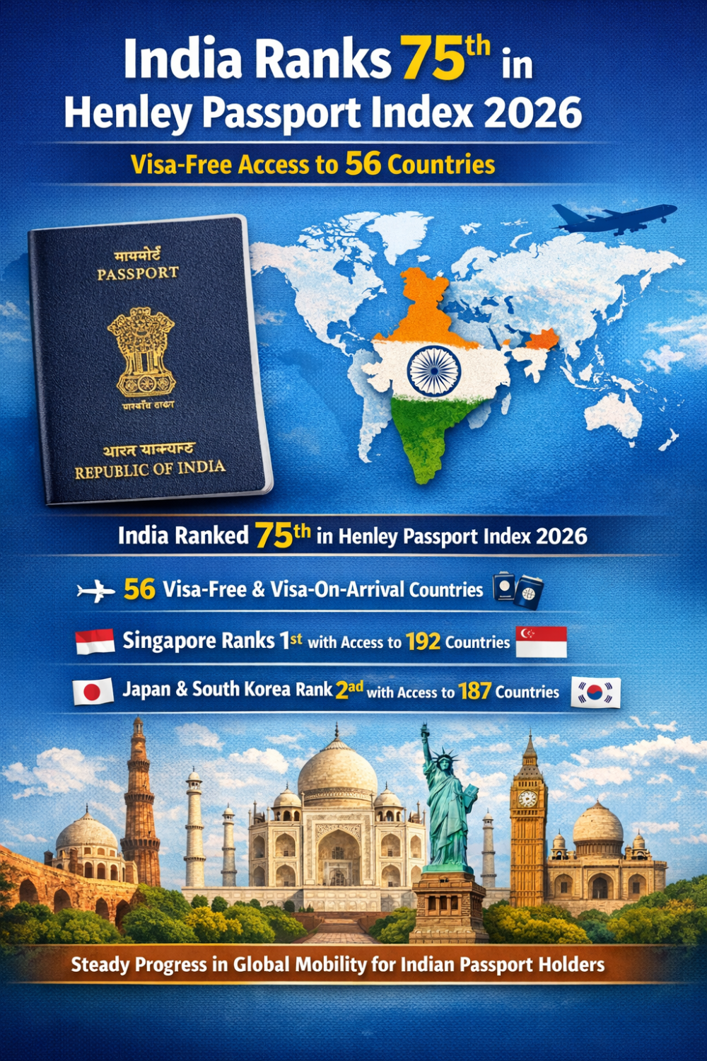 हेनली पासपोर्ट इंडेक्स 2026: भारत 75वें स्थान पर, 56 देशों में वीजा-फ्री पहुंच