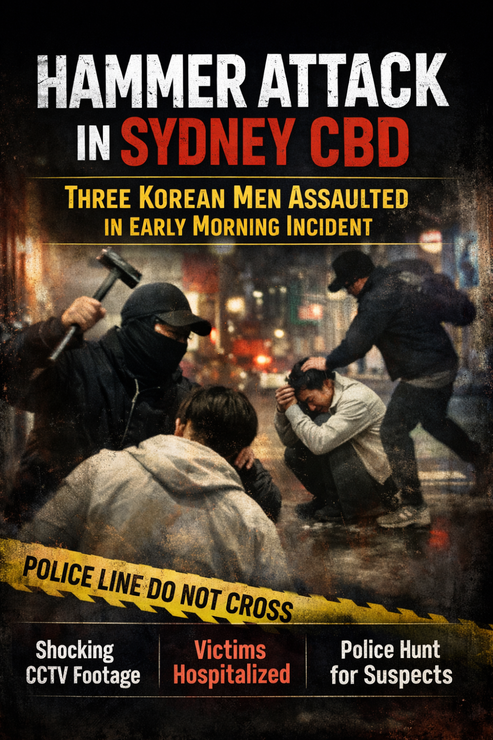सिडनी में हथौड़े से हमला: तीन कोरियाई युवकों पर तड़के हमला, पुलिस जांच में जुटी