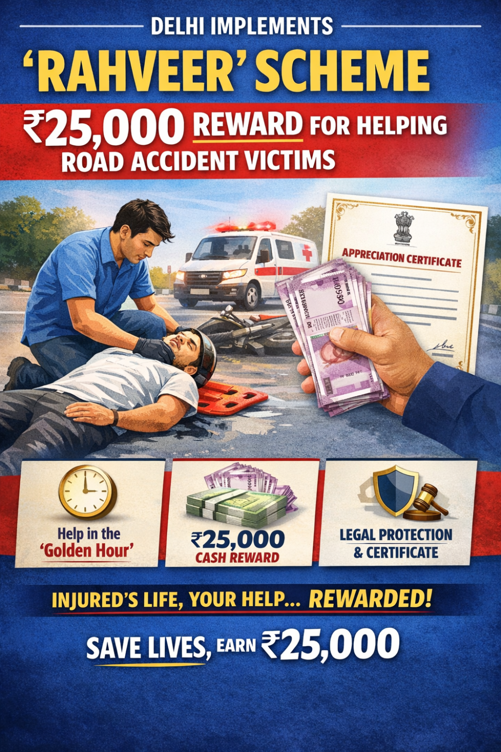 राहवीर योजना लागू: सड़क दुर्घटना पीड़ितों की मदद करने वालों को मिलेंगे 25 हजार रुपये