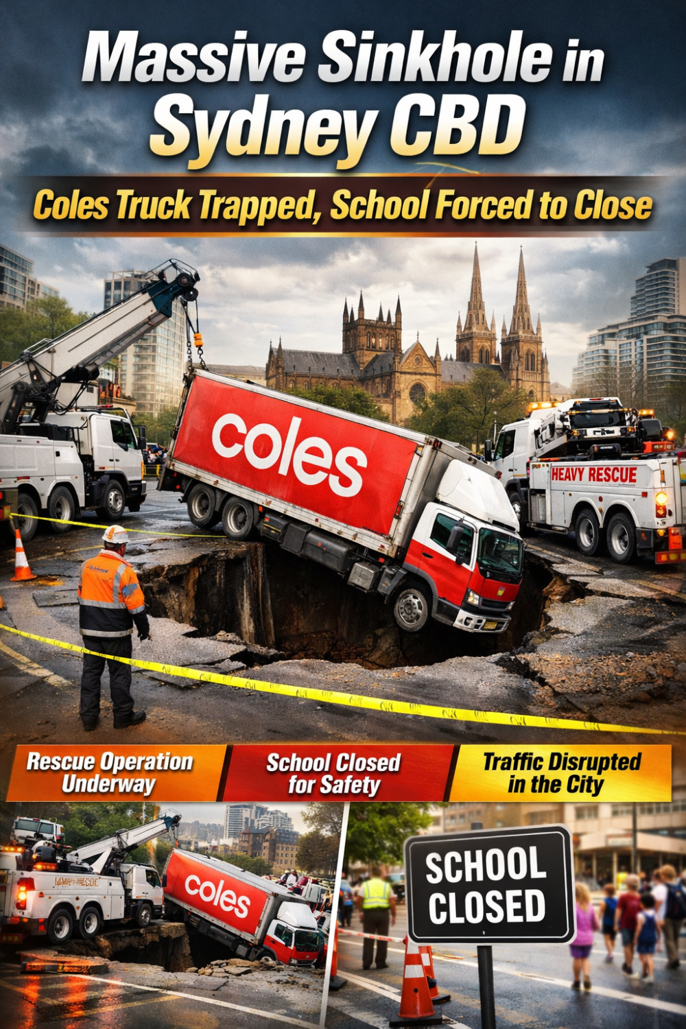 सिडनी सीबीडी में सड़क धंसने से बड़ा हादसा, कोल्स ट्रक सिंकहोल में फंसा — स्कूल बंद