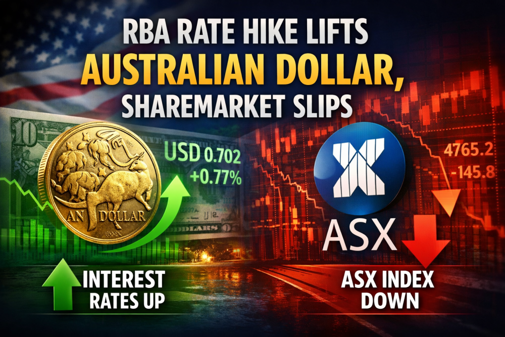 आरबीए की ब्याज दरों में बढ़ोतरी से ऑस्ट्रेलियाई डॉलर मज़बूत, शेयर बाज़ार फिसला
