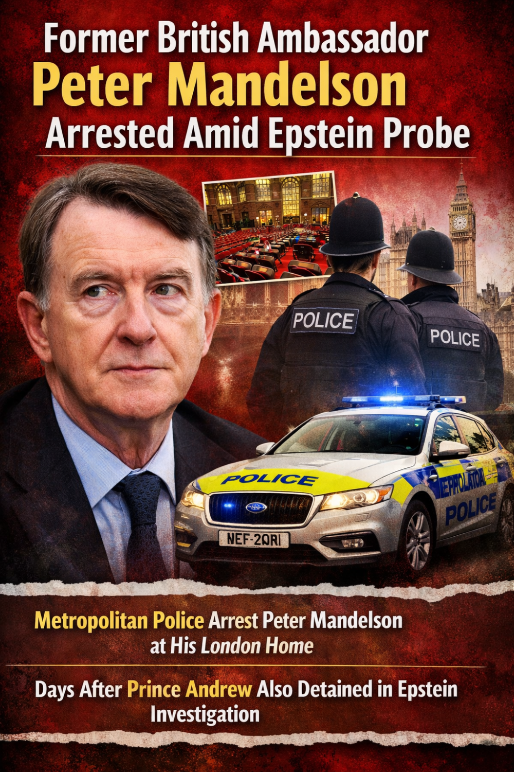 जेफ़्री एपस्टीन जांच के बीच पूर्व ब्रिटिश राजनयिक पीटर मैंडेलसन गिरफ्तार