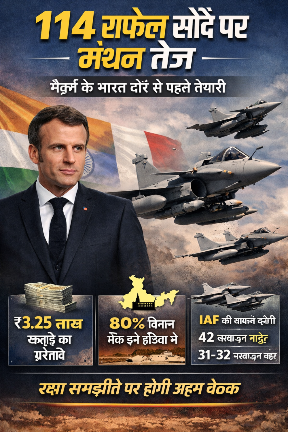 मैक्रों के भारत दौरे से पहले 114 राफेल लड़ाकू विमान सौदे पर मंथन, IAF की ताकत बढ़ाने की बड़ी तैयारी