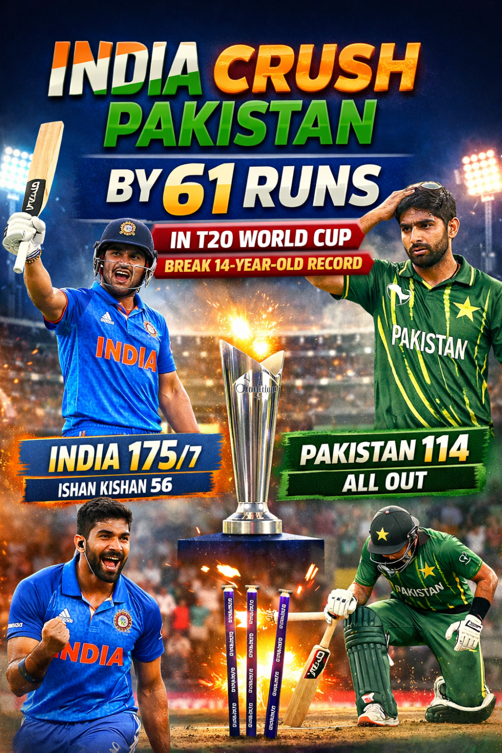 टी20 विश्व कप: भारत ने पाकिस्तान को 61 रन से हराया, 14 साल पुराना रिकॉर्ड टूटा