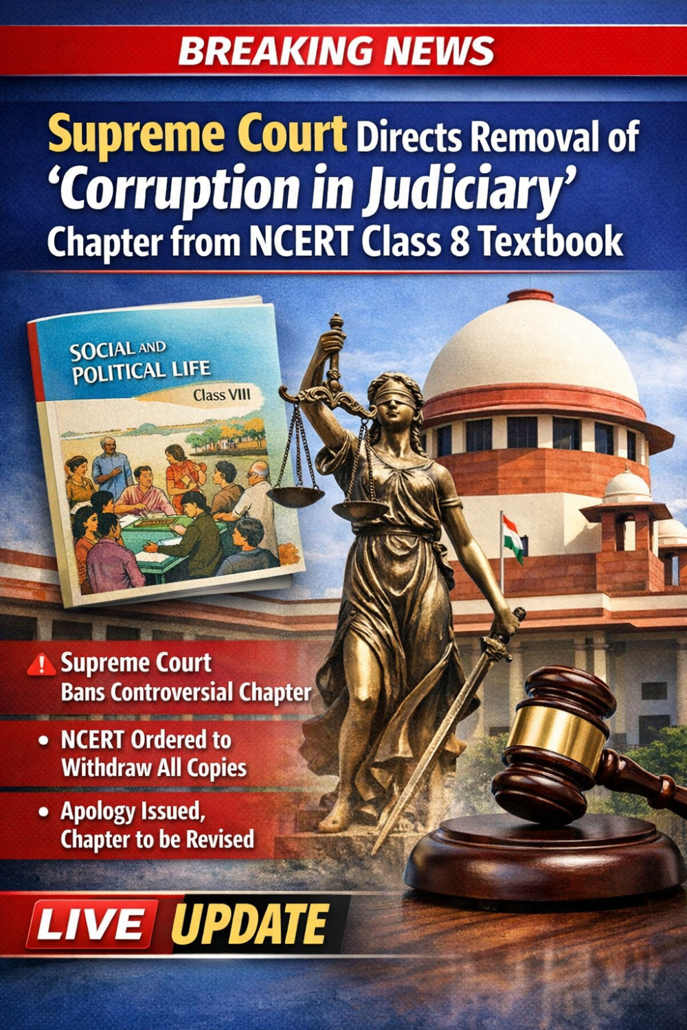 कक्षा 8 की किताब से ‘न्यायपालिका में भ्रष्टाचार’ अध्याय हटेगा, सुप्रीम कोर्ट का सख्त रुख