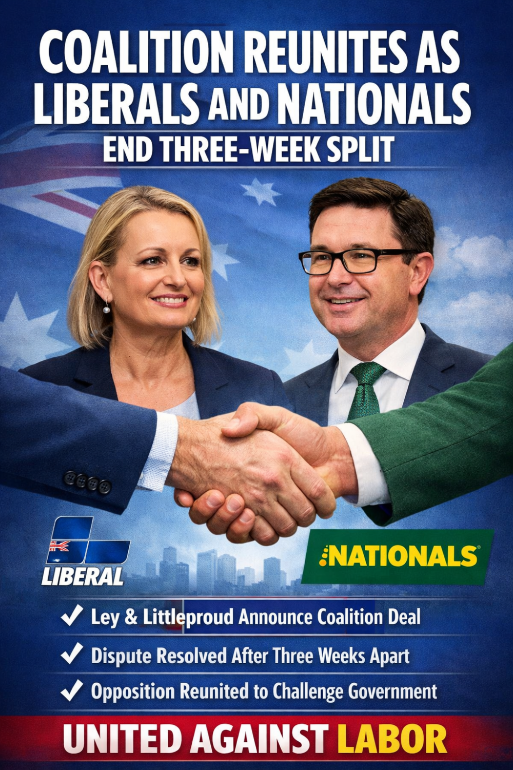 तीन सप्ताह बाद फिर एकजुट हुआ ऑस्ट्रेलियाई विपक्ष, लिबरल–नेशनल गठबंधन बहाल