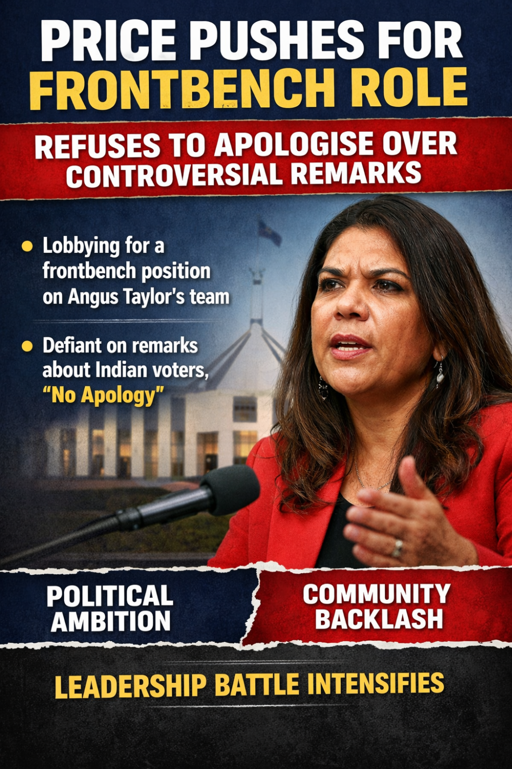 फ्रंटबेंच भूमिका के लिए प्राइस की पैरवी, विवादित टिप्पणी पर माफी से इनकार