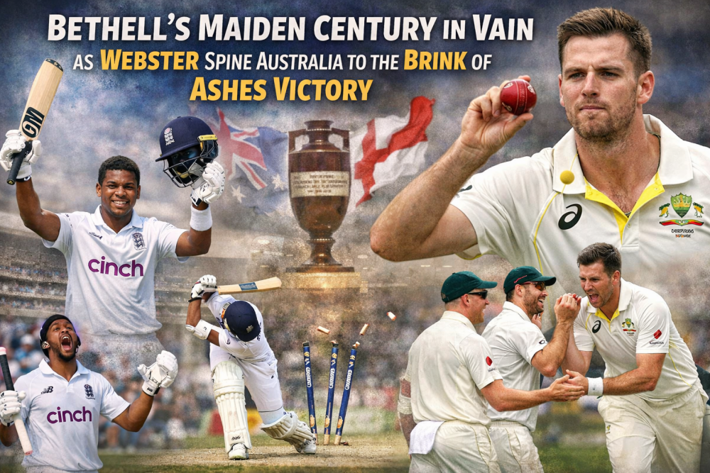 एशेज टेस्ट मैच: बेथेल के पहले शतक से इंग्लैंड को संबल, लेकिन वेब्स्टर की फिरकी ने ऑस्ट्रेलिया को जीत के करीब पहुंचाया