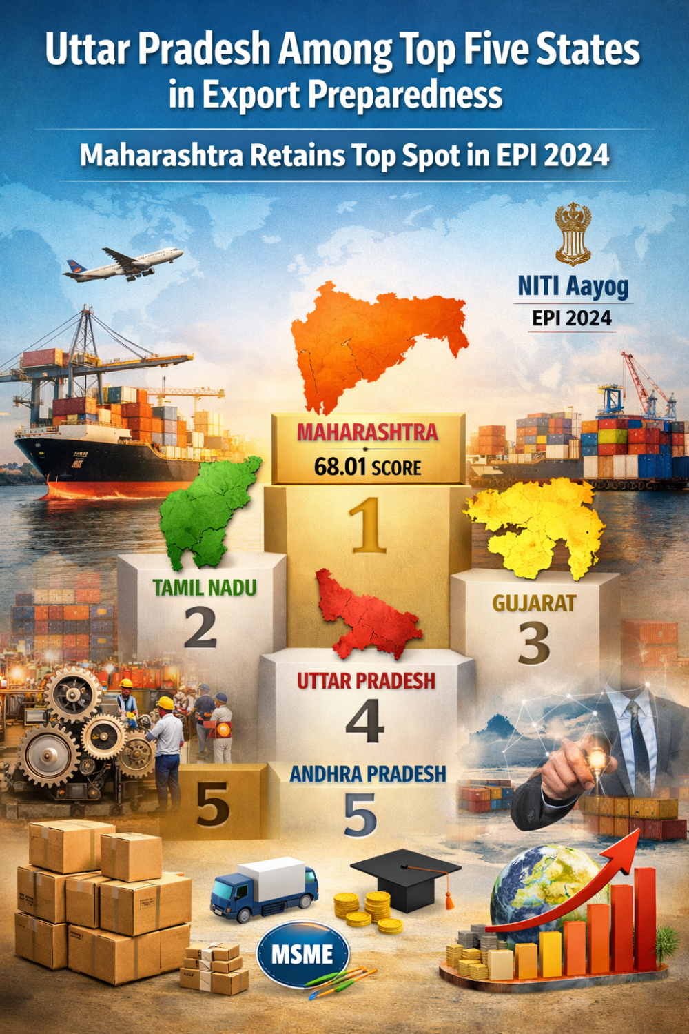 निर्यात तैयारी सूचकांक 2024: उत्तर प्रदेश शीर्ष पांच में, महाराष्ट्र पहले स्थान पर बरकरार