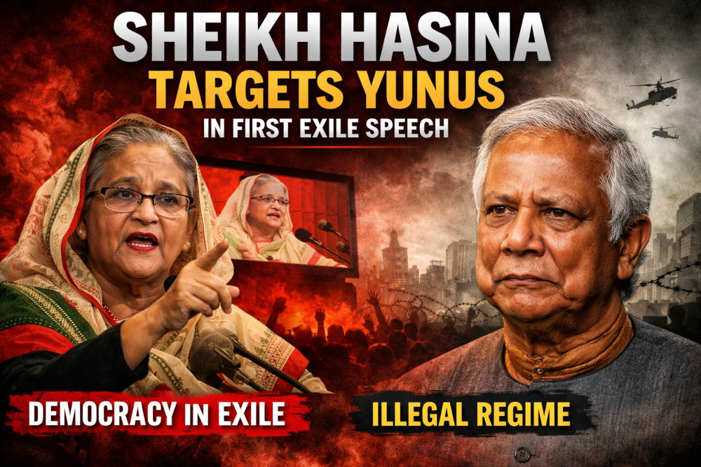 निर्वासन में पहली सार्वजनिक अपील में शेख़ हसीना का मोहम्मद यूनुस पर तीखा हमला