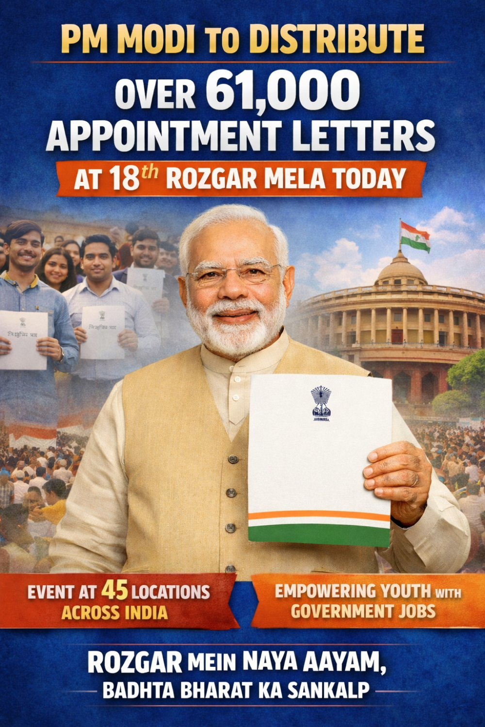 प्रधानमंत्री मोदी आज 18वें रोजगार मेले में 61 हजार से अधिक युवाओं को नियुक्ति पत्र सौंपेंगे