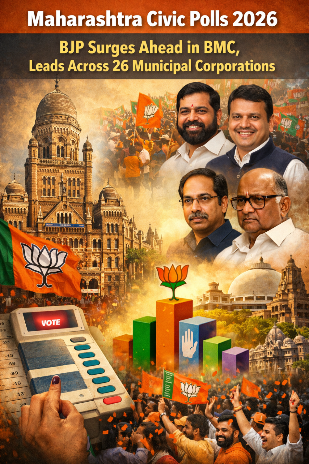 महाराष्ट्र नगर निगम चुनाव 2026: बीएमसी में बीजेपी बहुमत की ओर, 26 नगर निगमों में महायुति की बढ़त