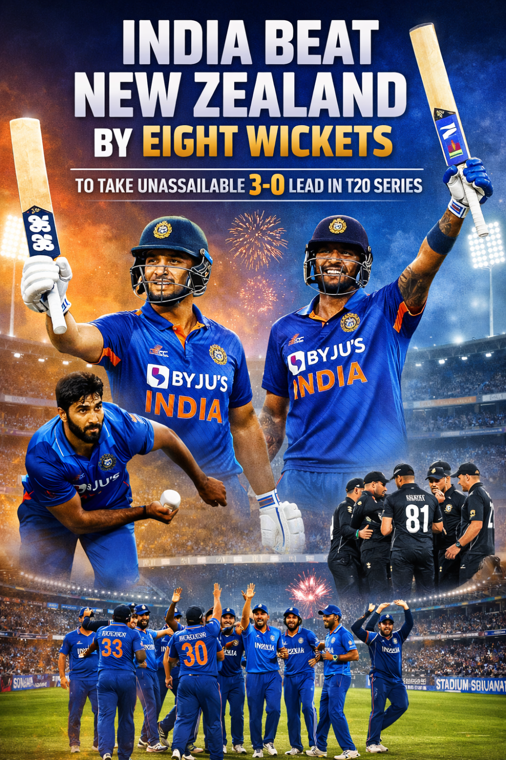 भारत ने न्यूजीलैंड को आठ विकेट से रौंदा, टी20 सीरीज में बनाई अजेय बढ़त