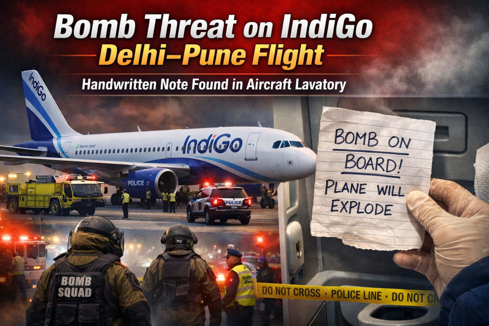 इंडिगो की दिल्ली–पुणे फ्लाइट को बम से उड़ाने की धमकी, टॉयलेट में मिला हाथ से लिखा नोट