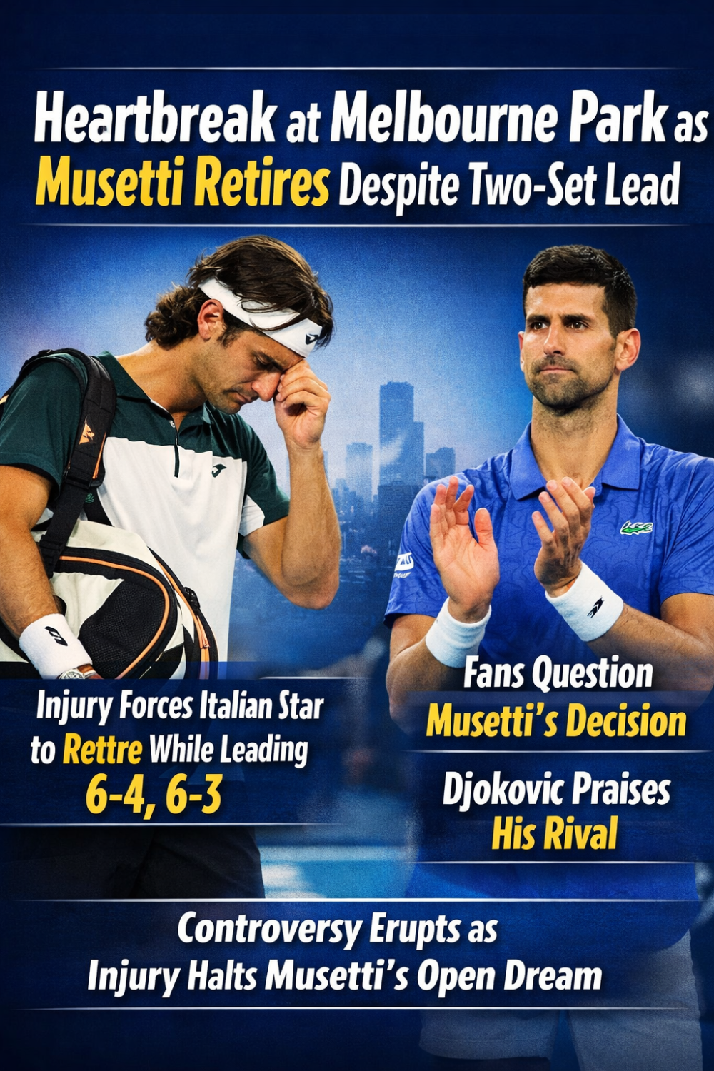ऑस्ट्रेलियन ओपन में भावुक क्षण: बढ़त के बावजूद चोट के कारण मुसैटी ने मैच छोड़ा, उठे सवाल