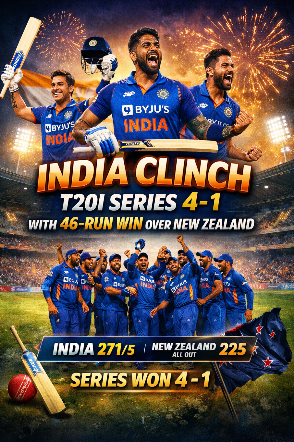 भारत का दमदार प्रदर्शन, न्यूजीलैंड को 46 रन से हराकर टी20 सीरीज 4-1 से जीती