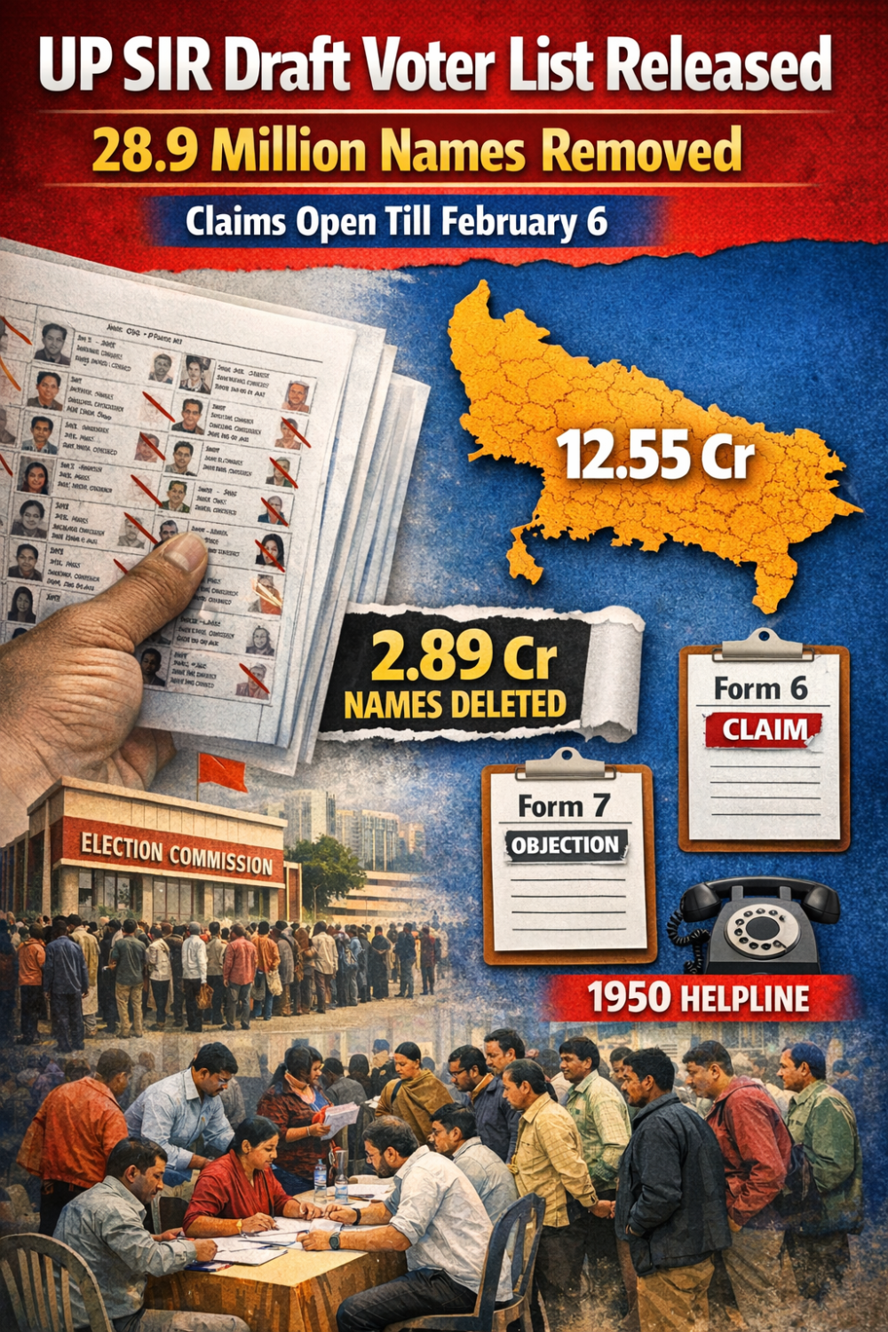 यूपी में SIR के बाद ड्राफ्ट मतदाता सूची जारी, 2.89 करोड़ नाम हटे