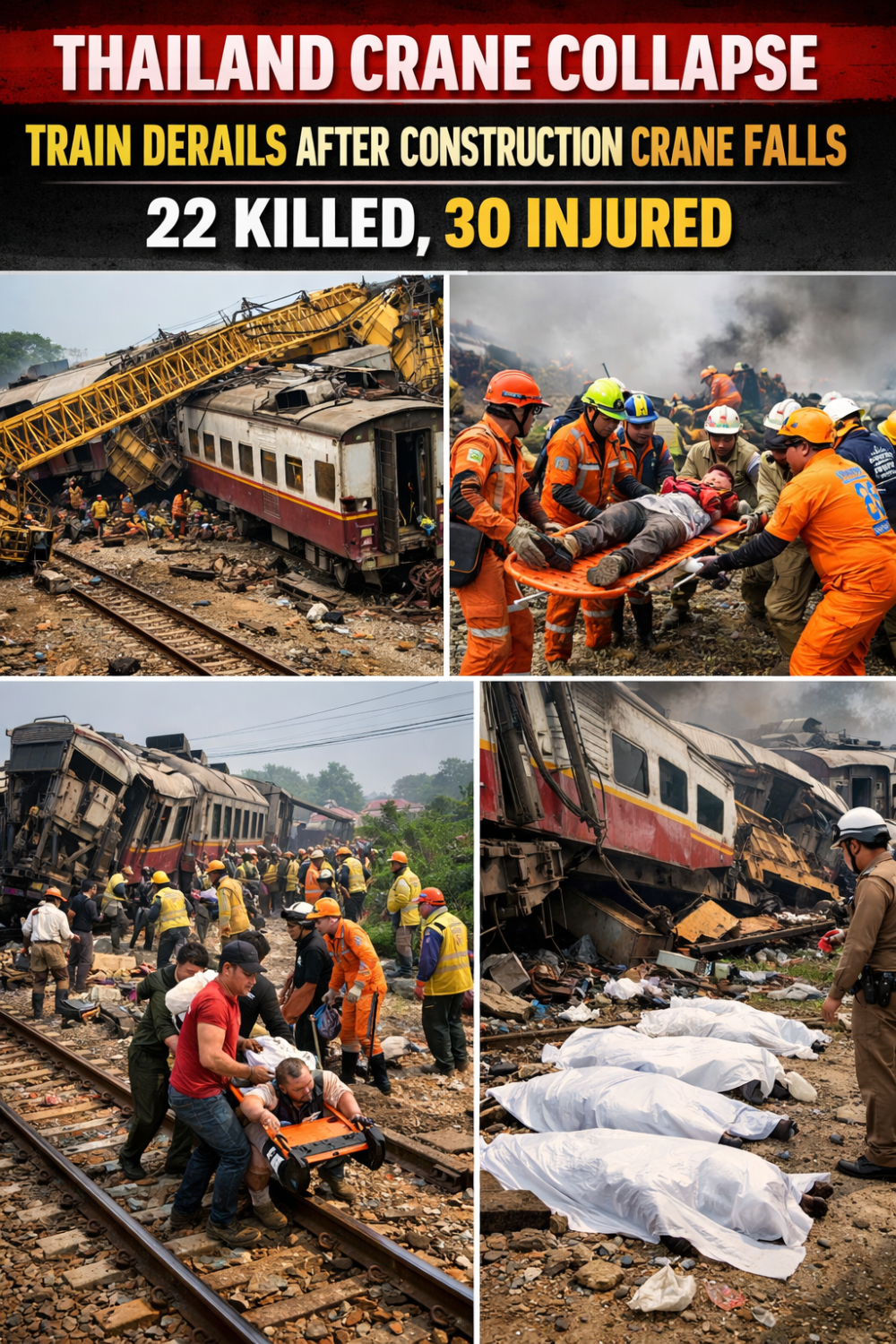 थाईलैंड में बड़ा रेल हादसा: निर्माणाधीन साइट की क्रेन गिरने से ट्रेन पटरी से उतरी, 22 की मौत, 30 घायल
