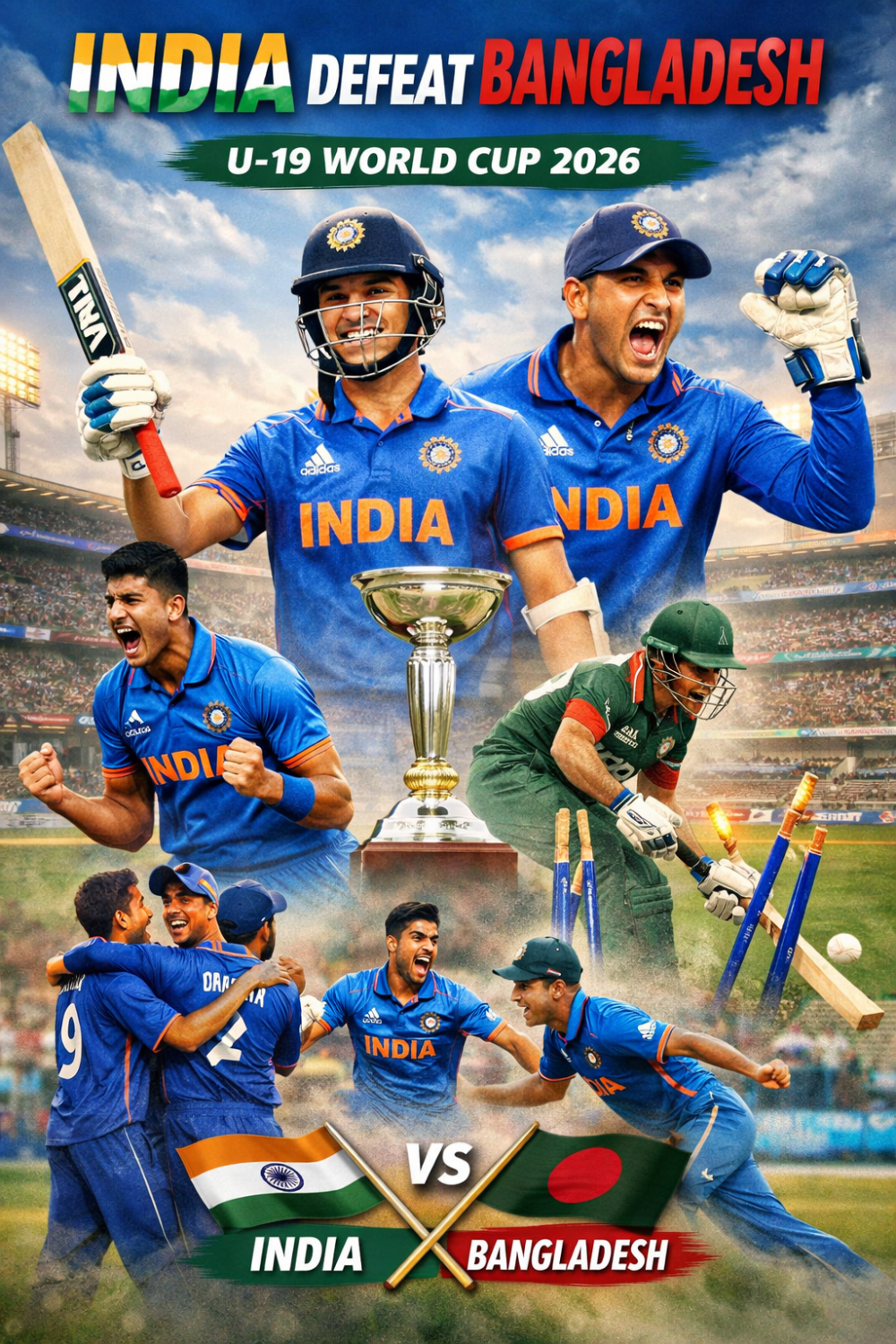 अंडर-19 विश्व कप: भारत की लगातार दूसरी जीत, बांग्लादेश को रोमांचक मुकाबले में हराया