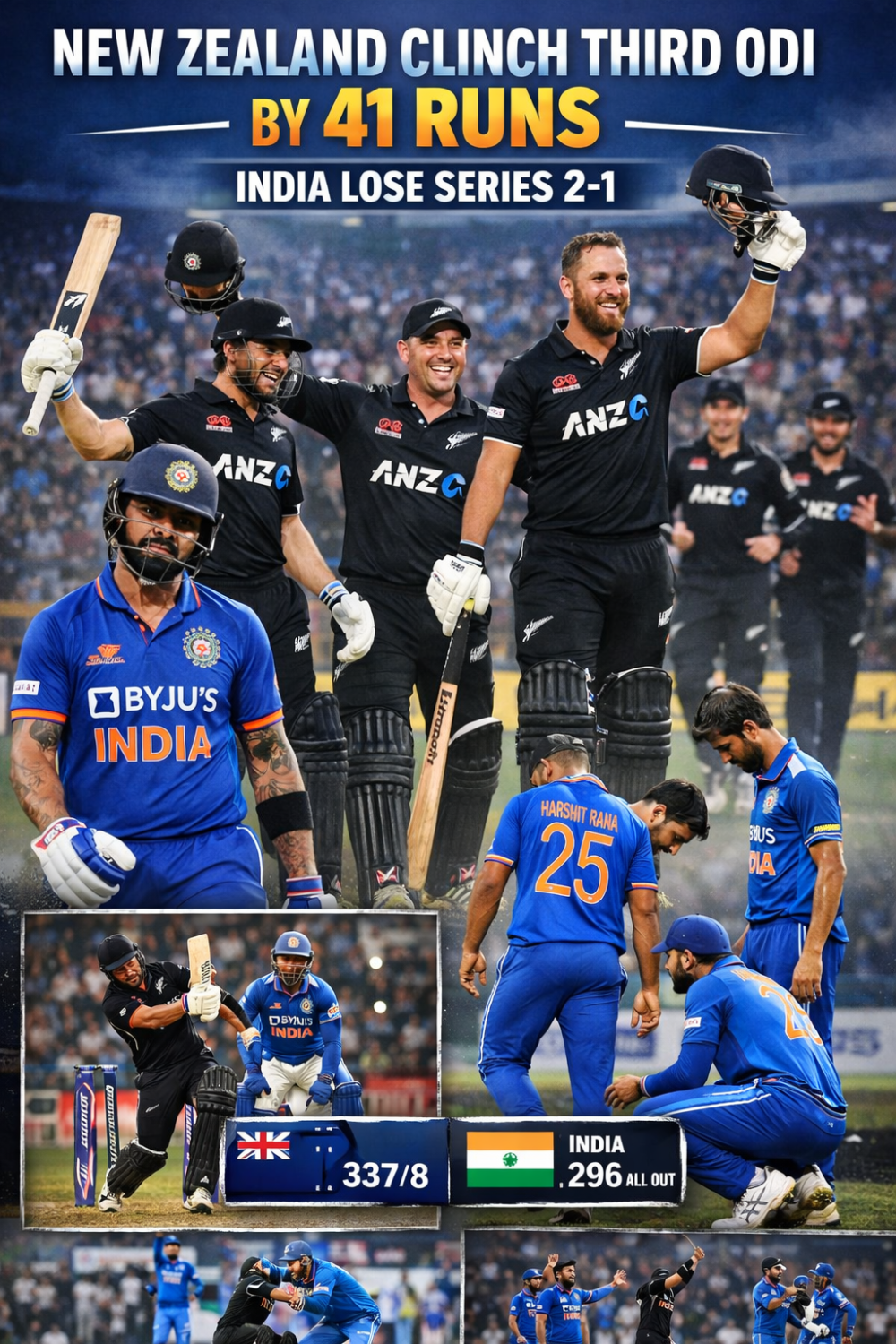 न्यूजीलैंड ने तीसरा वनडे 41 रन से जीता, भारत 2-1 से हारा सीरीज