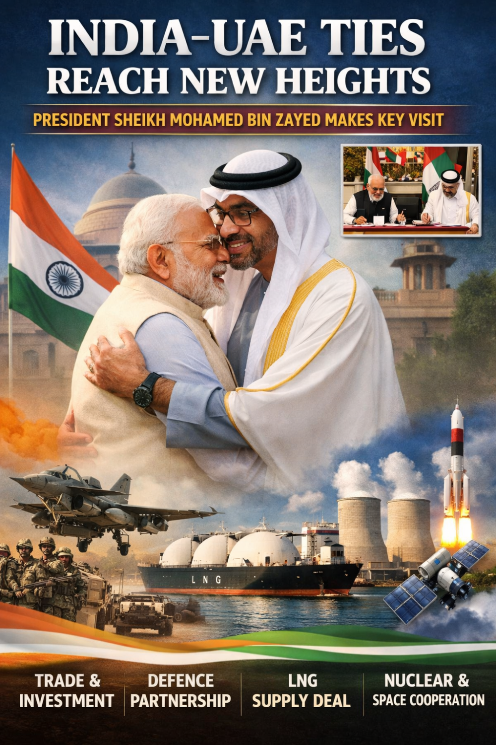 भारत–यूएई रिश्तों को नई ऊंचाई: राष्ट्रपति शेख मोहम्मद बिन जायद का संक्षिप्त लेकिन निर्णायक दौरा, व्यापार से लेकर रक्षा और परमाणु सहयोग तक बड़े समझौते