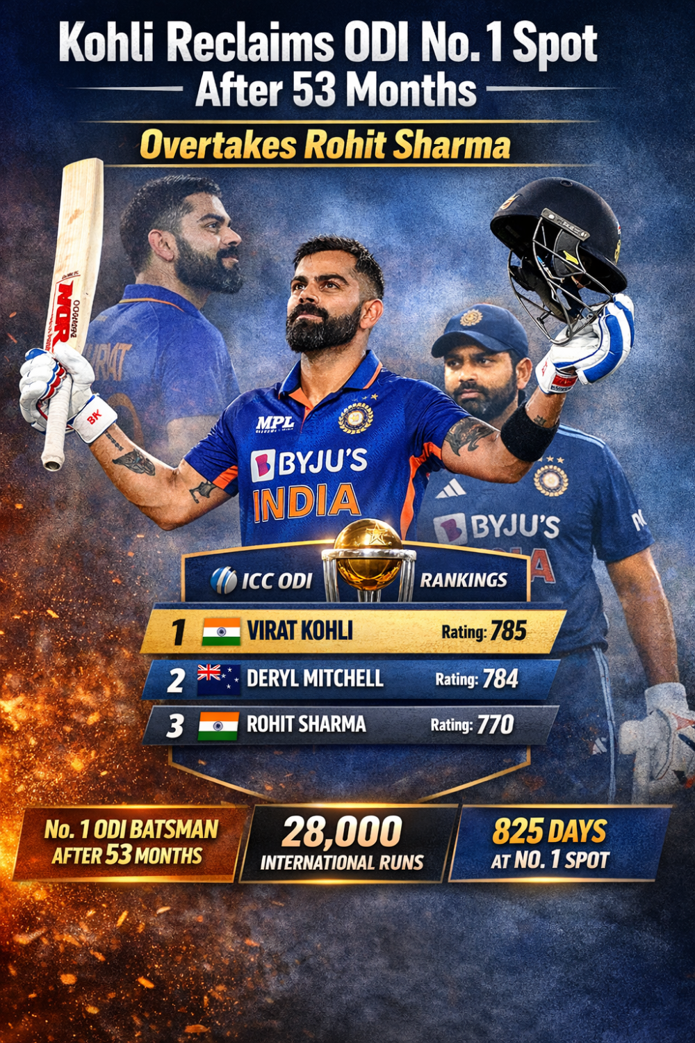 रोहित से छीना ताज, 53 महीने बाद फिर वनडे के नंबर-1 बल्लेबाज बने विराट कोहली