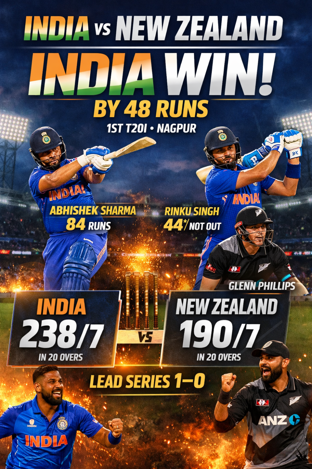 अभिषेक–रिंकू के तूफान में उड़ी न्यूजीलैंड, भारत ने पहले टी20 में 48 रन से दर्ज की शानदार जीत