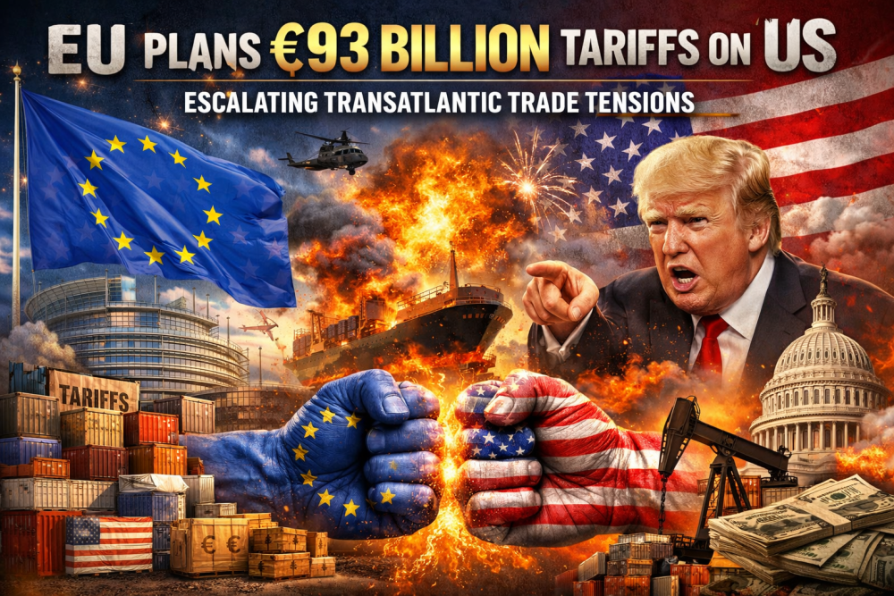 यूरोपीय संघ का पलटवार: अमेरिका पर 93 अरब यूरो के टैरिफ की तैयारी, ट्रंप को बड़ा झटका
