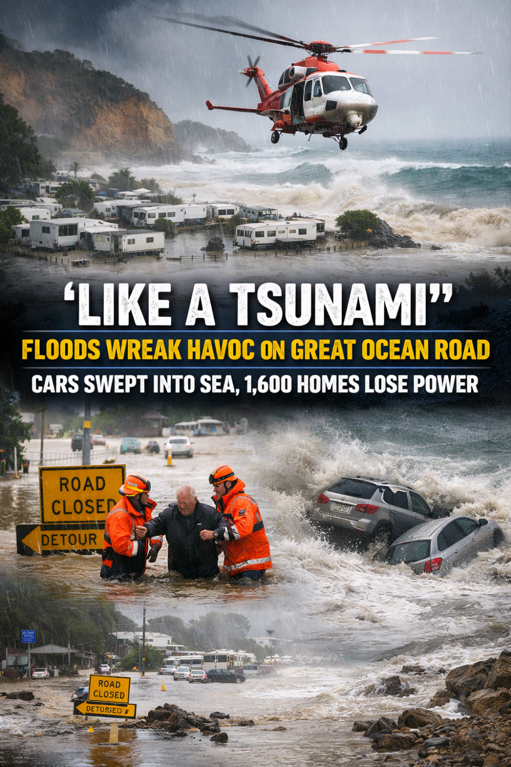 भीषण बाढ़ से तबाही: ग्रेट ओशन रोड पर कारें समुद्र में बहीं, 1600 घरों की बिजली गुल