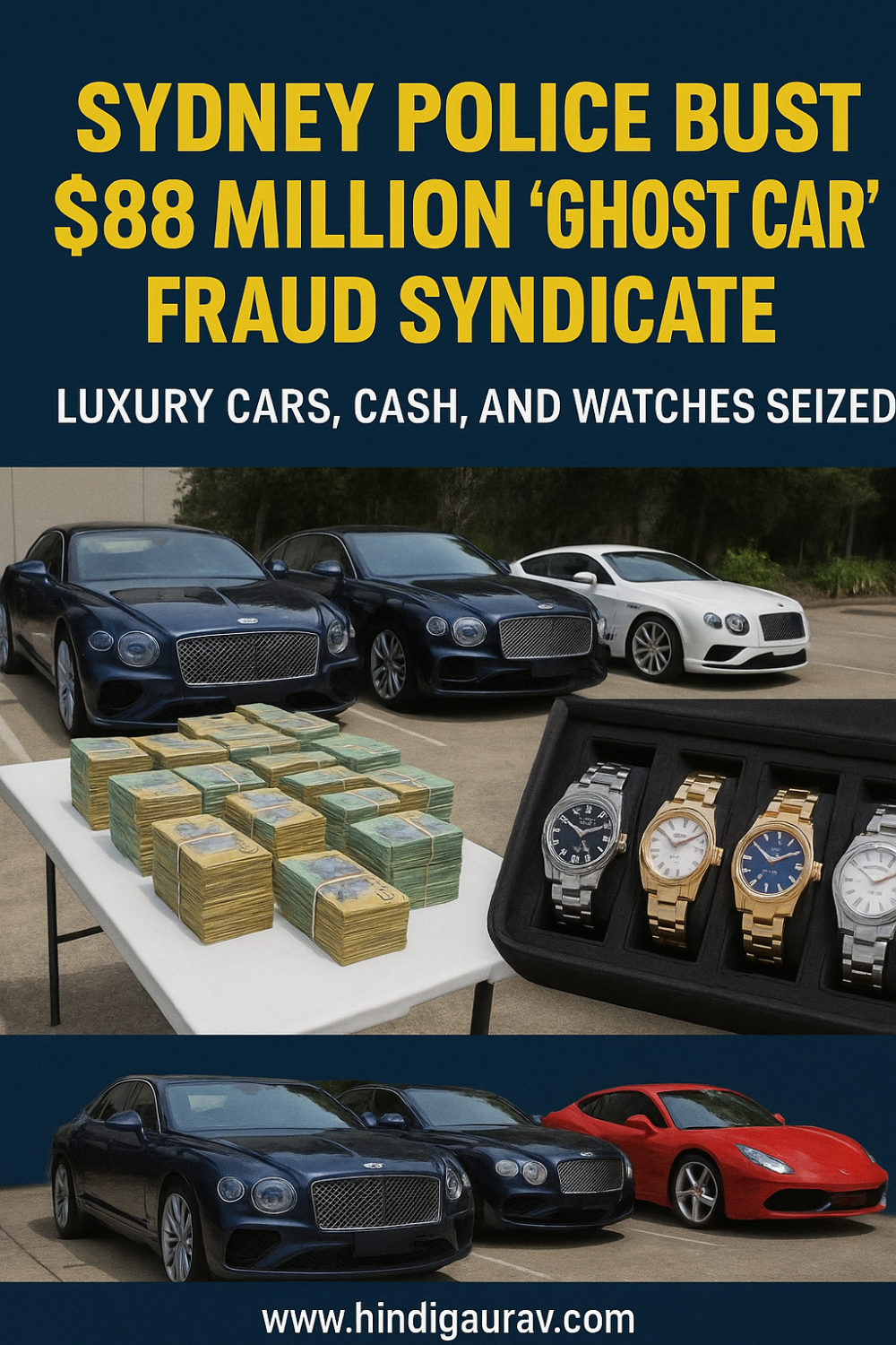 सिडनी में 'घोस्ट कार' घोटाले का पर्दाफाश: 38 करोड़ डॉलर की लग्ज़री कारें, घड़ियाँ और नकदी जब्त
