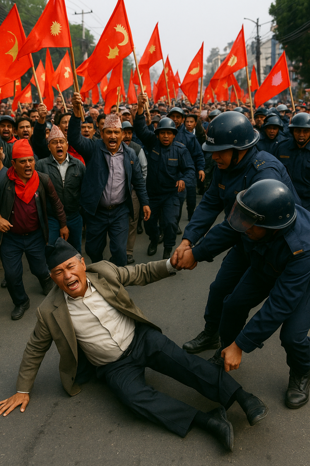 Chaos Erupts in Nepal as Pro-Monarchy Protests Intensify; Former Deputy PM Kamal Thapa Dragged by Police, Kathmandu Shutdown Announced