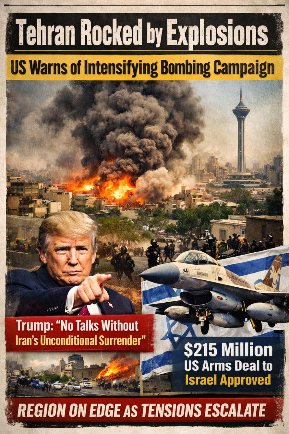 तेहरान में जोरदार धमाके, अमेरिका ने दी बड़े सैन्य अभियान की चेतावनी; इज़राइल को 215 मिलियन डॉलर के हथियार सौदे को मंजूरी