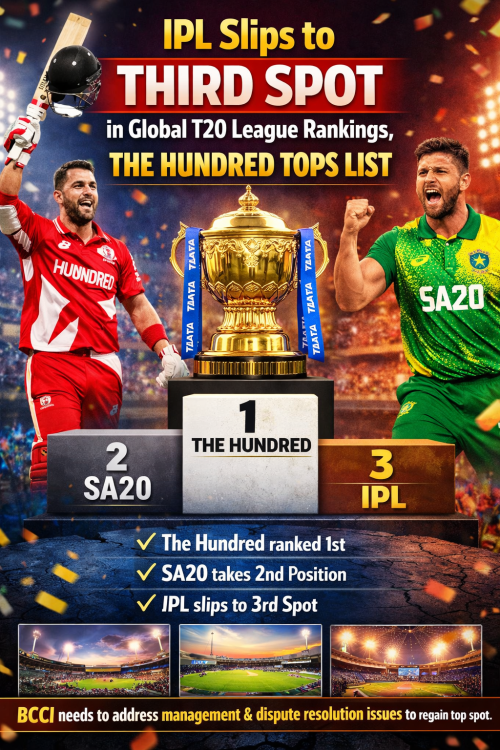 आईपीएल को झटका: दुनिया की टी20 लीग रैंकिंग में तीसरे स्थान पर, ‘द हंड्रेड’ शीर्ष पर