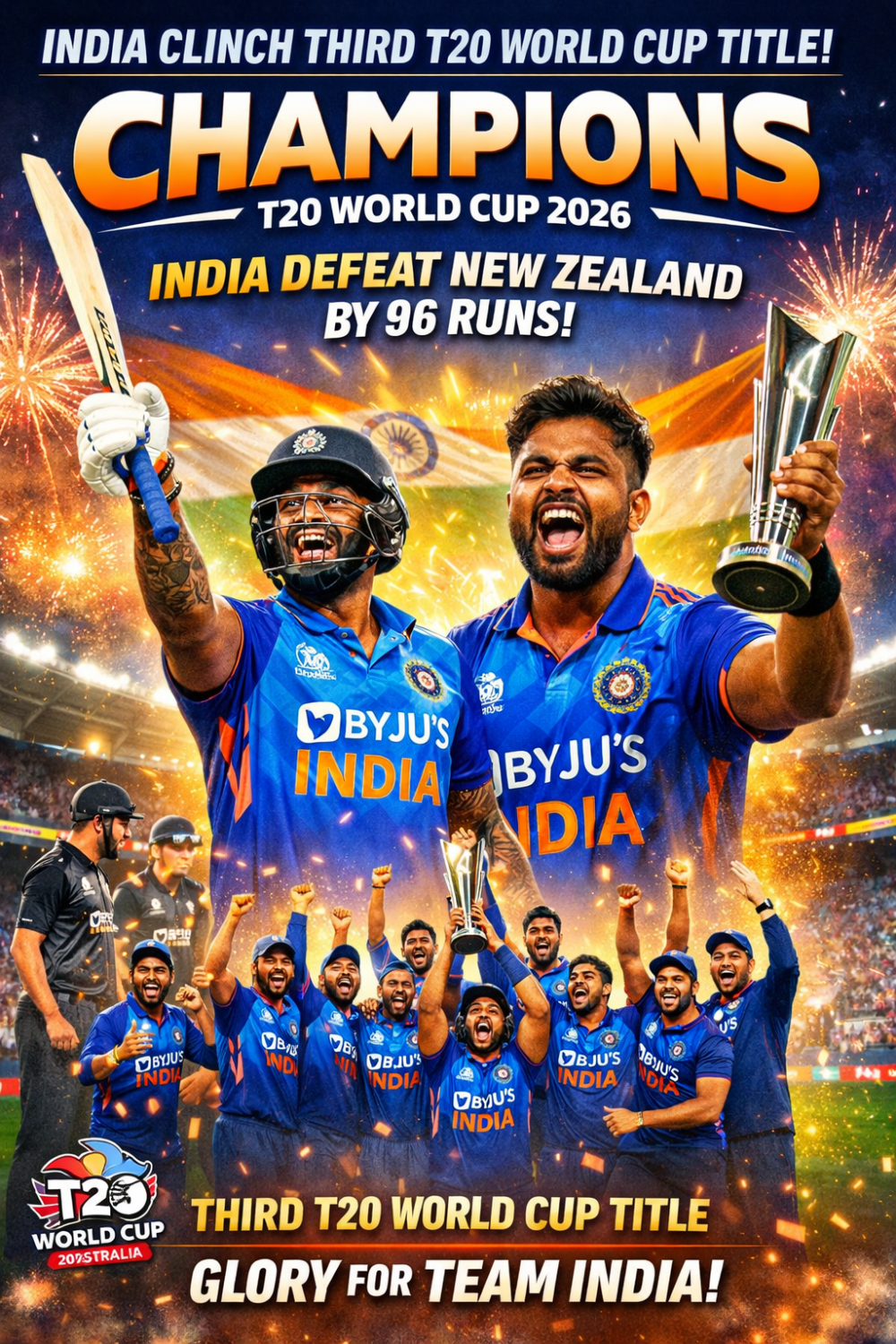 भारत तीसरी बार बना टी20 विश्व चैंपियन, फाइनल में न्यूज़ीलैंड को 96 रनों से हराया