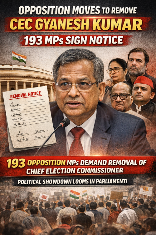 मुख्य चुनाव आयुक्त ज्ञानेश कुमार को हटाने की तैयारी, विपक्ष के 193 सांसदों ने दिया नोटिस