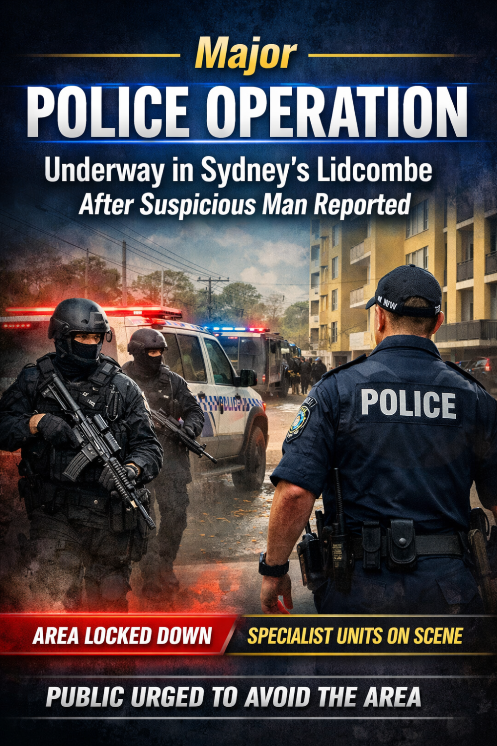 सिडनी के लिडकॉम्ब में संदिग्ध व्यक्ति की सूचना पर बड़ा पुलिस ऑपरेशन, इलाके की घेराबंदी